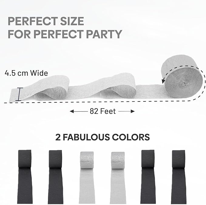 6 Crepe Paper Streamers Rolls, 492ft Pack of Silver and Black Streamers for Party Decorations, Birthday Streamers, Party Streamers (1.8 inch x 82 ft/Roll)
