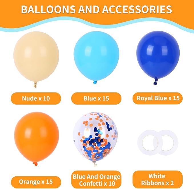 RUBFAC Blue and Orange Balloons Kit, Party Balloon for Blue Birthday Decoration Baby Shower Graduation Thanksgiving Decoration
