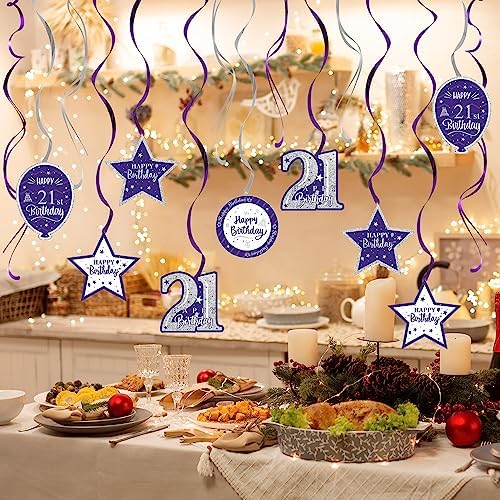 Happy 21st Birthday Purple & Silver Glitter Swirls Streamers Party Decorations - 15 Pcs 21st Birthday Hanging Swirls Streamers Kit,Perfect for 21st Bday Party Sign.