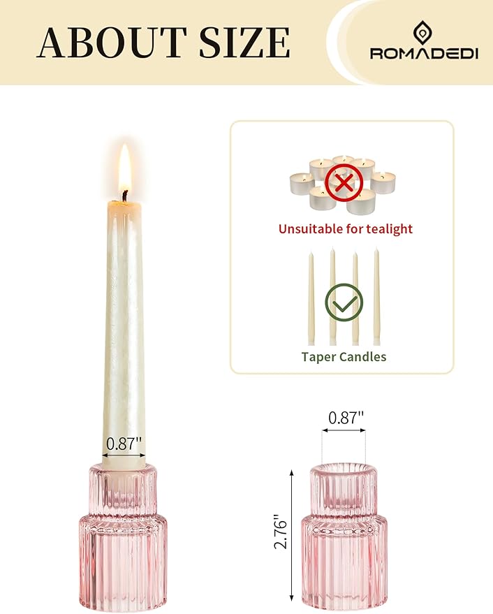 Romadedi Pink Glass Candle Holders - 10 Pcs Ribbed Candlestick Holder Bulk for Table Centerpiece Elegant Taper Holder for Wedding Birthday Party Baby Showers Valentines Mother's Day Christmas