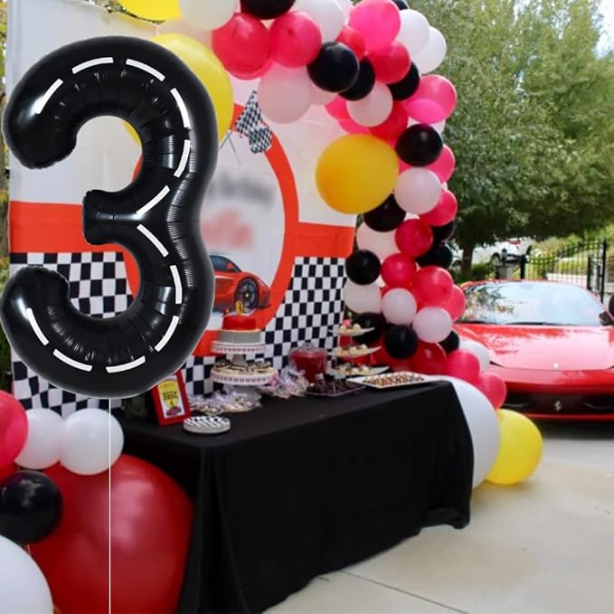 TONIFUL Race Car Black Balloons Car Birthday Party Supplies,40 Inch Giant Jumbo Helium Foil Mylar Big Number 3 Digital 3 Balloons for Boy's Birthday Party Truck Race Car Theme Party Decorations
