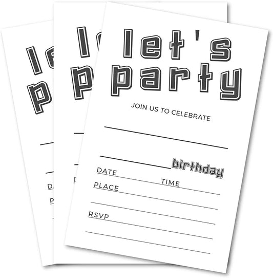 Let's Party Birthday Invitations, Simple Black and White Design Invites with Envelopes for Kids Boys Girls Teens, 25 Pcs 4x6 Inch (Black Simple)