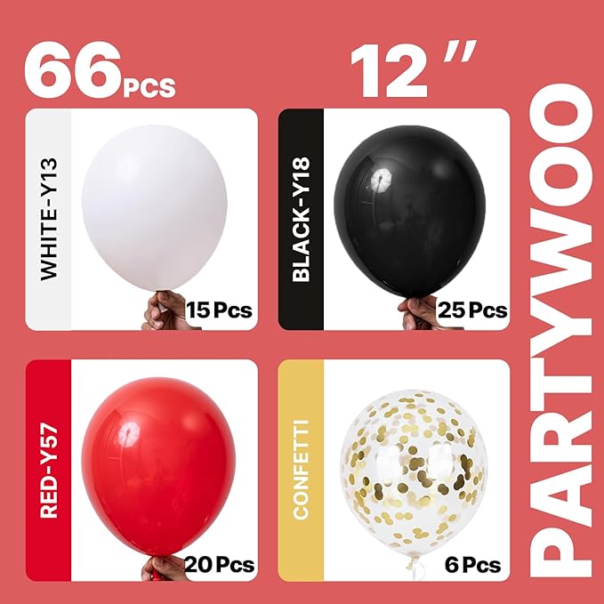 PartyWoo Red and Black Balloons 66pcs 12 Inch Matte Black Red White Confetti Balloons for Graduation Men Birthday Wedding Anniversary Bachelorette Racing Car Casino Retirement Party Decorations