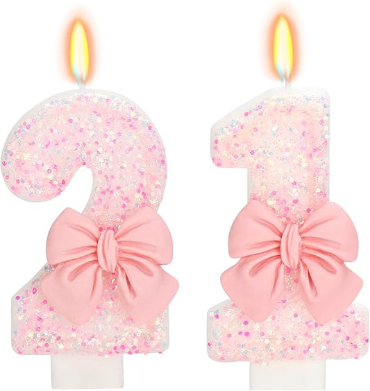 21st Birthday Candles for Cake, Pink Bow Number Cake Candles, 2.76 inch Number Happy Birthday Candle, Cake Topper Decoration for Birthday Party (Number 21)
