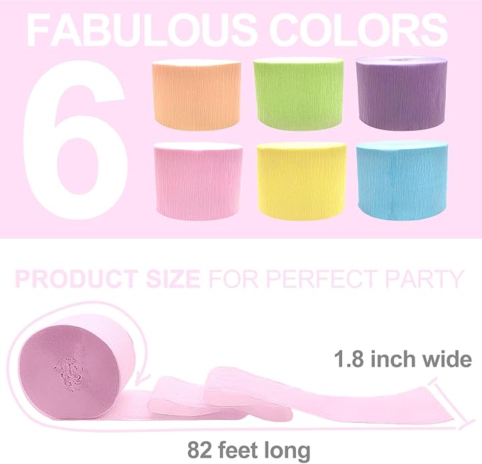 6 Crepe Paper Streamers Rolls, 492ft 6 Pastel Colors Crepe Paper Party Supplies for Birthday Wedding Spring Themed Party Decorations, DIY Crafts Supplies (1.8 inch x 82 ft/Roll)
