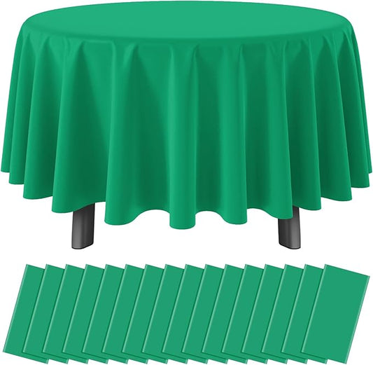 16 Pack Green Plastic Tablecloth for Round Tables, Premium Decorative Green Disposable Table Cloths for Parties, Round Party Table Cover for Birthday Anniversary Graduation Picnic Party, 84 Inch