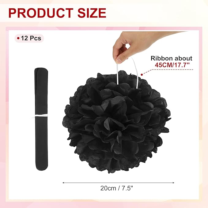 PATIKIL 8inch Tissue Paper Pom Poms, 12PCS Pom Poms Paper Flowers Ball Tissue Paper Flowers for Wedding Bridal Shower Birthday Bachelorette Party Backdrop Decoration, Black
