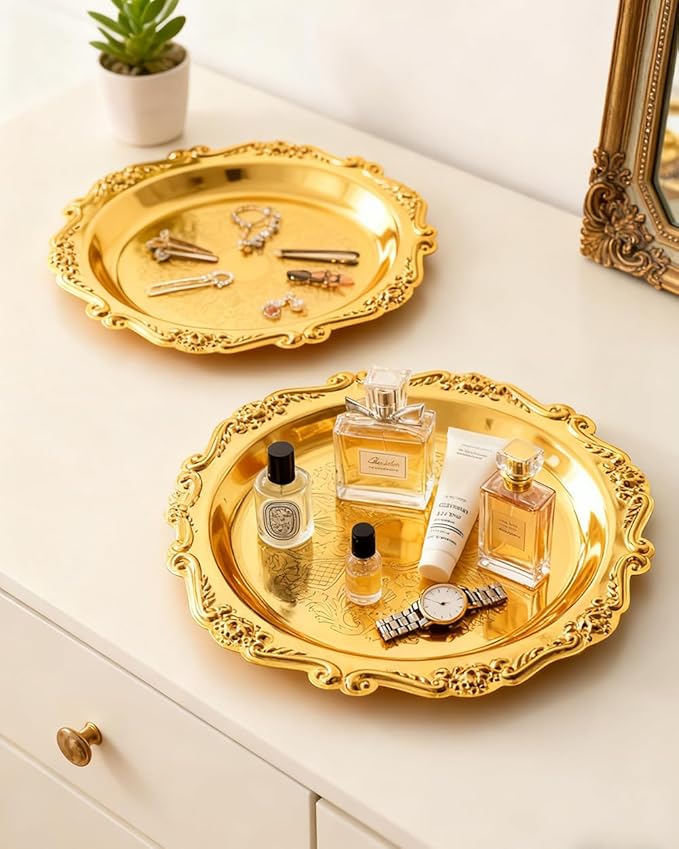 Gold Decorative Tray Set of 2, 10'' Round Vintage Metal Serving Tray, Medium Ornate Coffee Table Centerpiece, Vanity Tray for Perfume, Jewelry, Party Decor
