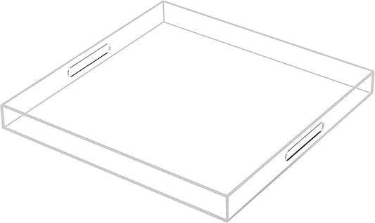 Large Clear Acrylic Serving Tray with Handles-24x24x2 Inch Spill Proof Tray for Ottoman,Coffee Table, Breakfast, Tea, Food, Butler -Safe Edge Organizer-King Size
