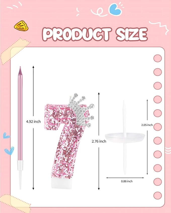 Birthday Candles for Cake, Pink Number Candles, Cake Candles with Greeting Card for Birthday Party Wedding Anniversary Celebrations (7 Candle, Silver Crown)