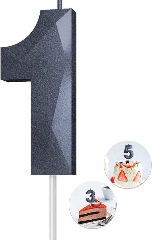Number Birthday Candles(1 Candle Black) 3D Diamond Shape 1st Happy Birthday Cake Topper Decorations for Boy Men Birthday Wedding Anniversary Celebration Theme Party Supplies