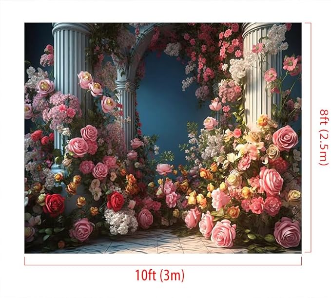 Kate Flowers Roman Column Arch Photo Backdrop Royal Decoration Wedding Reception Birthday Party Fabric Printed Seamless Background 10x8ft
