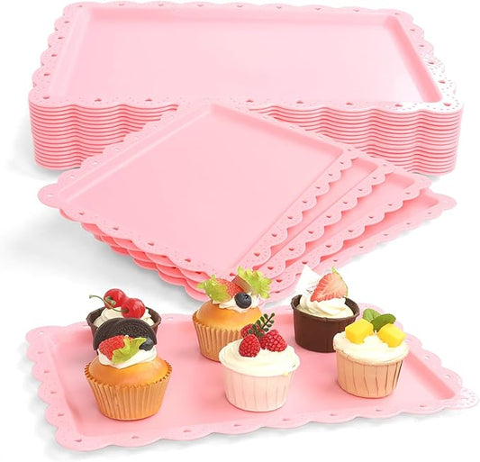 Plastic Serving Trays,24 Pack Rectangle Serving Platters Decorative Serving Trays Dessert Table Trays,15"x10" Rectangle Platters, Decorative Dessert Table Trays, Cake, Cookie Catering Tray (Pink)