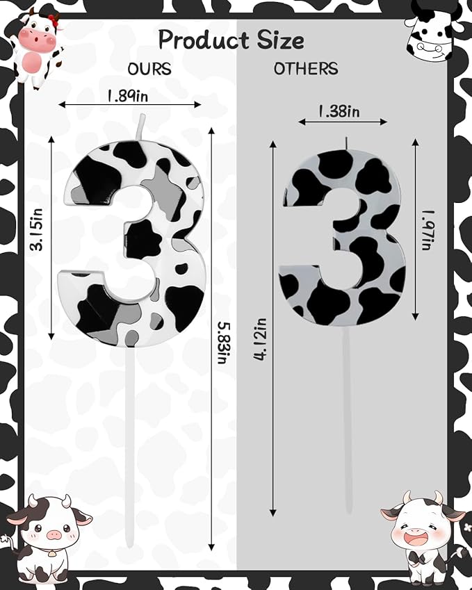 Number 3 Black Cow Birthday Candles，2.68 inch Metallic 3D Cow Birthday Candles, Cow Themed Cake Topper Decorations for Birthday Party Anniversary Celebration Supplies