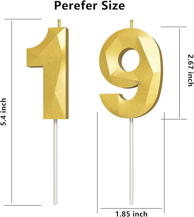 Number Birthday Candles(19 Candle Gold) 3D Diamond Shape Number Happy Birthday Cake Candles for Birthday Party Wedding Decoration Reunions Theme Party