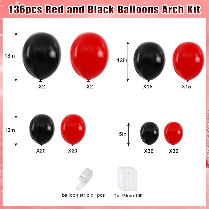 YMSZ Red and Black Balloons, Black and Red Balloons Garland Arch Kit with Different Size for Birthday, New Years, BBQ Casino, Graduation and Anniversary Decorations Supplies