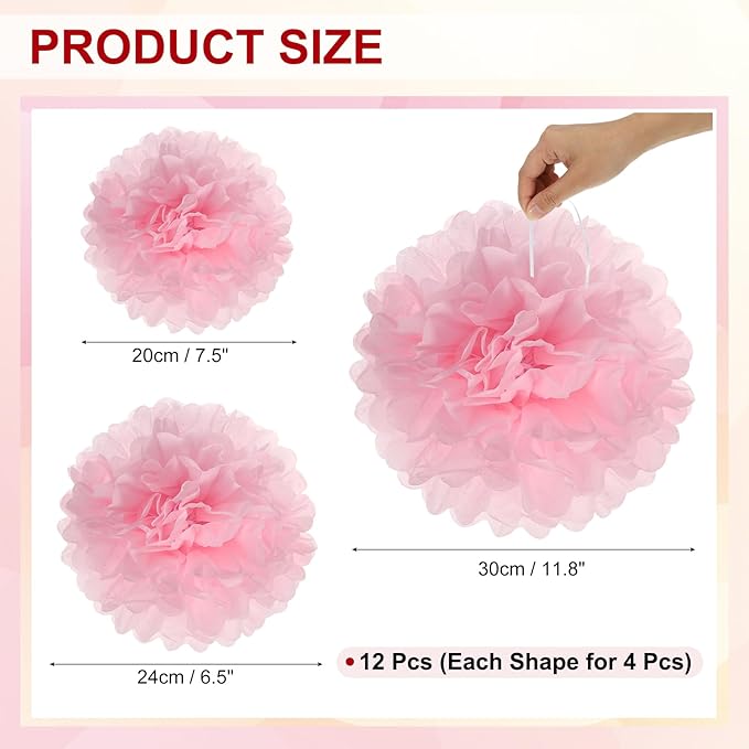 PATIKIL 8" 10" 12" Tissue Paper Pom Poms, 12PCS Pom Poms Paper Flowers Ball Tissue Paper Flowers Assorted Size for Wedding Bridal Shower Birthday Party Backdrop Decoration, Pink