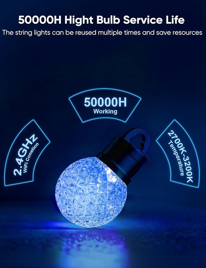 APPECK Outdoor String Lights 100ft, RGBW Color Changing Patio Lights with 50 Dimmable LED Bulbs, 111 Scene Modes, IP65 Waterproof Lighting for Outside, Party, Backyard, Pool, Compatible with Alexa