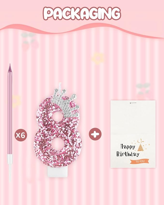 Birthday Candles for Cake, Pink Number Candles, Cake Candles with Greeting Card for Birthday Party Wedding Anniversary Celebrations (8 Candle, Silver Crown)
