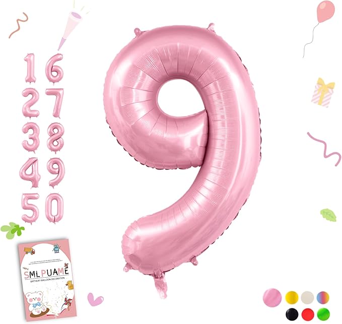 Pastel Pink 9 Balloons, 40 Inch Large Light Pink Foil Number Balloons 0-10, Self-Sealing 9th Birthday Balloon for Girls Women Anniversary Baby Shower Princess Party Decorations Supplies