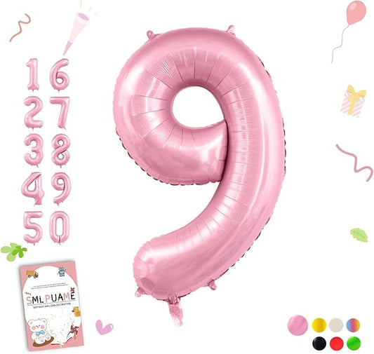 Pastel Pink 9 Balloons, 40 Inch Large Light Pink Foil Number Balloons 0-10, Self-Sealing 9th Birthday Balloon for Girls Women Anniversary Baby Shower Princess Party Decorations Supplies