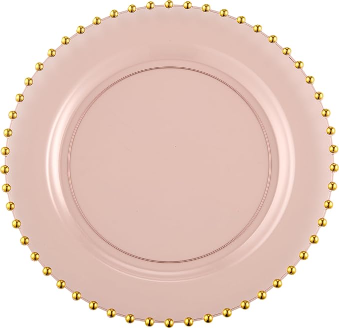 PLASTICPRO 64 Piece Combo Plastic Dinner Plates Disposable Plastic Fancy Heavy Duty Party Dishes 7 inch and 10 inch, Translucent Rose and Gold Beaded