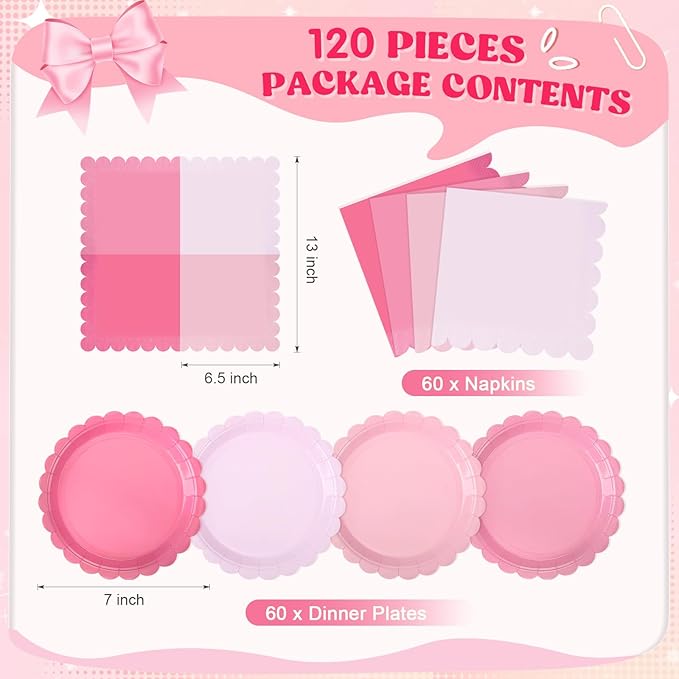 120 Pcs Paper Plates and Napkins Party Supplies Bulk Disposable 7 Inch Scalloped Plates Cocktail Napkins for Wedding Bridal Baby Shower Birthday Decorations, Serve 60(Pink Series)