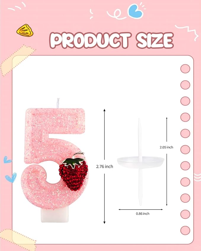 Birthday Candles for Cake, Pink Number Candles, Cake Candles with Greeting Card for Birthday Party Wedding Anniversary Celebrations (Strawberry 5 Candle)