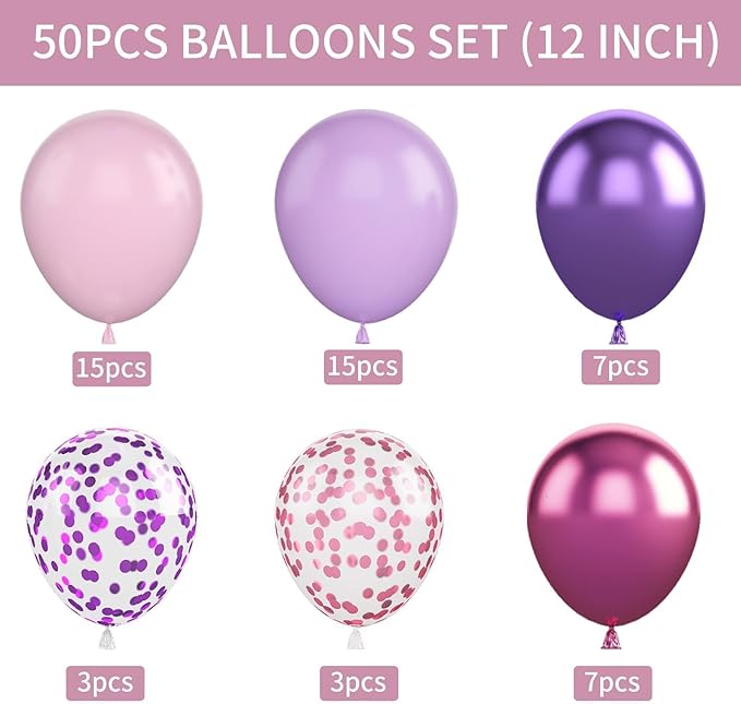 Pink and Purple Balloons, 50PCS 12 Inch Confetti Balloons, Metallic Purple Pink Latex Balloons with Ribbon, Party Balloons for Birthday Shower Wedding Party Decorations