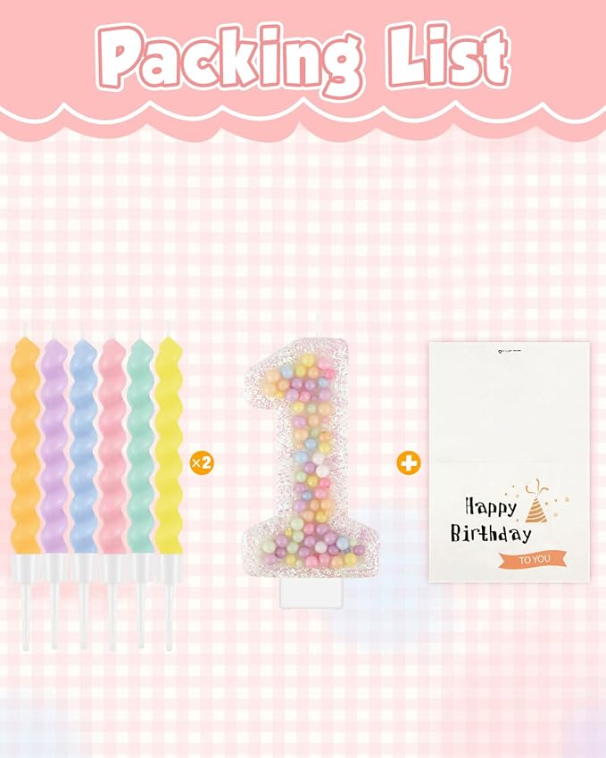 Birthday Candles for Cake, Pink Number Candles, Cake Candles with Greeting Card for Birthday Party Wedding Anniversary Celebrations（1 Candle,White Number Macaron）