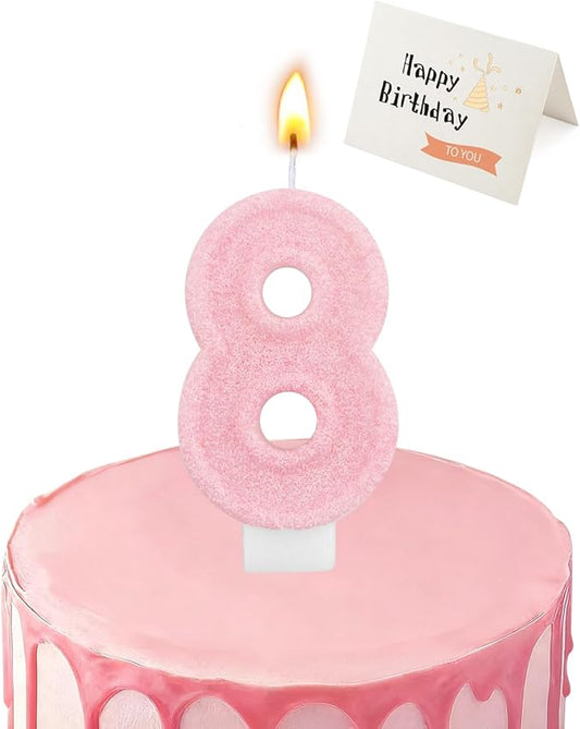 Birthday Candles for Cake, Pink Number Candles, Cake Candles with Greeting Card for Birthday Party Wedding Anniversary Celebrations (Bright Pink 8 Candle)