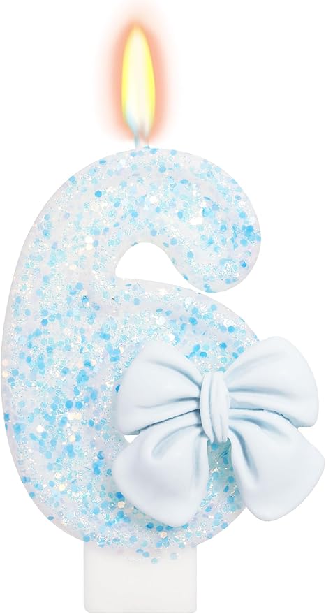 Birthday Candle for Cake, Blue Bow Number Candles, 2.76 inch Number, Cake Topper Decoration for Birthday Party (Number 6)
