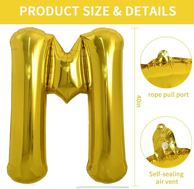 TONIFUL 40 Inch Large Gold Letter M Balloon - Foil Mylar for 2026 New Year Eve Graduation Wedding Baby Shower Birthday Party Anniversary Supplies Decorations
