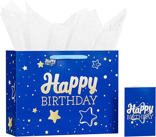 Powbrace 13" Blue Happy Birthday Gift Bag with Tissue Paper and Greeting Card for Party,Happy Birthday Gift Bag for Men Women,Gift Bags Medium size(1 PCS Blue Hot Stamping)