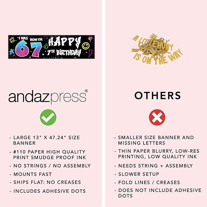 Andaz Press 13x48 Inch 6 7 Birthday Banner Decorations, I Was 6 Now I'm 7 Birthday Banner Graffiti 67 Happy Birthday Party Banner for Boys or Girls, Home or Party Decor Backdrop Sign with Adhesive