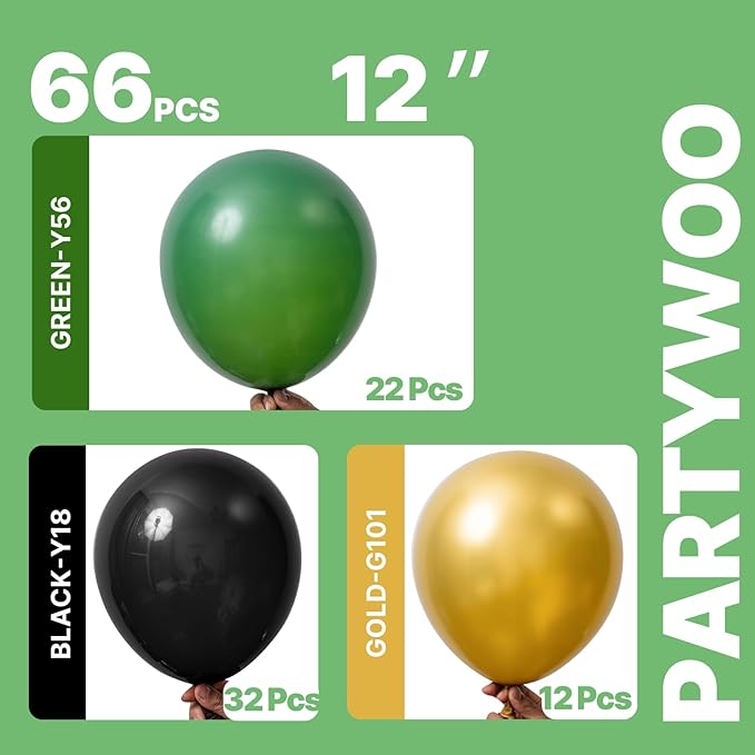 PartyWoo Black Gold and Green Balloons 66pcs 12 Inch Black Gold Green Balloons for Graduation Baby Shower Birthday New Year's Eve Anniversary Bachelorette Retirement Engagement Party Decorations