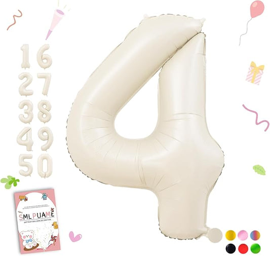 40 Inch Beige Number 4 Balloons for 4th Birthday Decorations Boys Girl, Giant Self-Sealing Cream Foil Number 0-10 White Sand Balloon for Women Men Party Anniversary Baby Shower Supplies