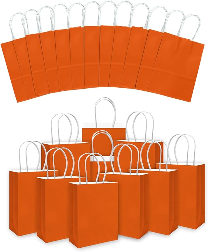 qiqee 24PCS Small Gift Bag with Handles Bulk 8.3"x6"x3" Gift Bags Orange Bags Multiple Uses (Small Size)