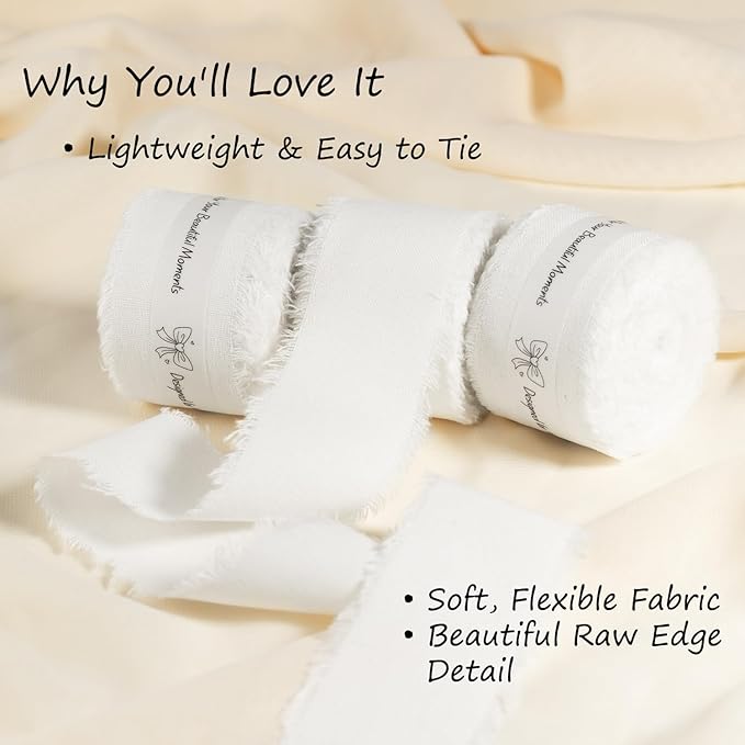 White Cotton Ribbon 1-1/2 Inch White 3 Rolls 21 Yards Frayed Edge Fabric Set for Wedding Invitations, Bridal Bouquet Wrap, Baby Shower, Christening & Gift Wrapping