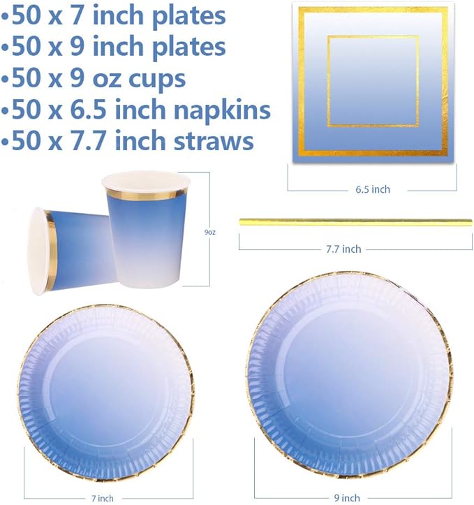 Ottin 250PCS Ombre Royal Blue Party Supplies - Paper Plates and Napkins Set for Birthday, Wedding, Bridal Shower, Mother's Day, Blue Themed Party