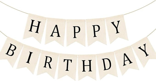 Domeny Happy Birthday Burlap Banner Boho Birthday Bunting Banner Black Bohemian Birthdays Bunting Garland Rustic White Birthday Party Hanging Garland for Women Men Birthday Kid Photo Backdrop