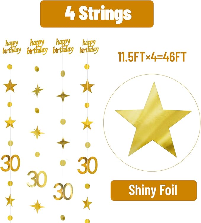 GCQQ Gold 30th Birthday Decoration -4 Packs Gold Happy Birthday Circle Dot Star Garland 46FT Metallic Hanging Streamer Banner Decorations for Her 30 Dirty Thirty BirthdayTheme Party Decor, Pre-Strung