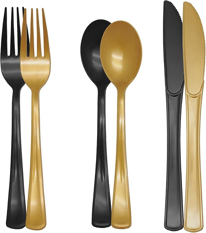 150 PCS Black and Gold Plastic Silverware Heavy Duty Black and Gold Plastic Cutlery Tableware Sets Includes Spoons Forks Knives for Birthday, 2026 Graduation Party
