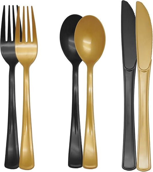 150 PCS Black and Gold Plastic Silverware Heavy Duty Black and Gold Plastic Cutlery Tableware Sets Includes Spoons Forks Knives for Birthday, 2026 Graduation Party