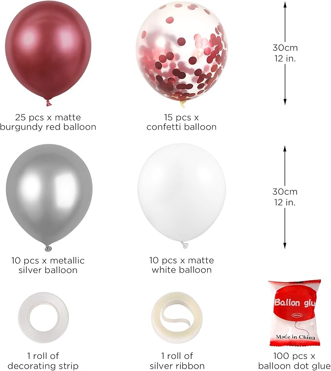 60 Pack Burgundy Red White Silver Maroon Balloons Garland Arch Kit, GAGAKU 12 Inches Latex Confetti Balloons for Women Kids Birthday Wedding Bride Bachelorette Retirement Party Decorations Supplies