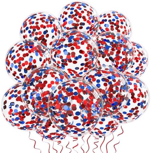 VHUWE Red Blue Confetti Balloons 25 Pcs, 12 Inch Thickened Clear Latex Balloon with Confetti Inside for Birthday Party Baby Shower Graduation Anniversary Engagement Decorations Supplies