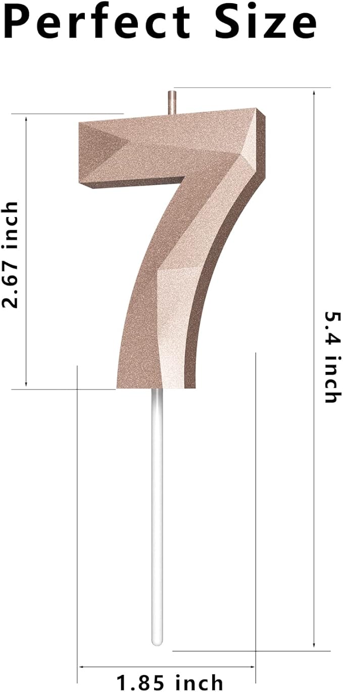 Number Birthday Candles(7 Candle Rose Gold) 3D Diamond Shape Number Happy Birthday Cake Candles for Birthday Party Wedding Decoration Reunions Theme Party