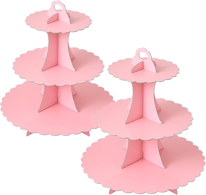 Soleebee 3-Tier Cupcake Stand, Cardboard Cupcake Tower, Dessert Cup Cake Stand Tower for Birthday Wedding Party Decoration, Cupcake Tier Stand 2 Set (Pink)