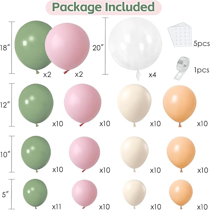 Pink and Green Balloons Arch Kit, Light Dusty Pastel Pink Sage Green Sand White Light Orange Balloons Garland Kit for Wedding Birthday Bridal Shower Bloom Woodland Boho Party Decorations