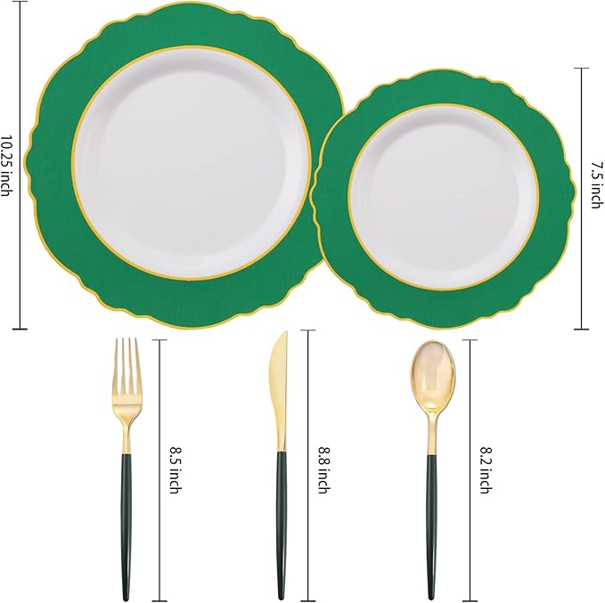 WDF 30Guest Green Plates Disposable - Gold Plastic Silverware With Green Handle - Baroque Green &Gold Plastic Dinnerware for Wedding/Birthday/Party